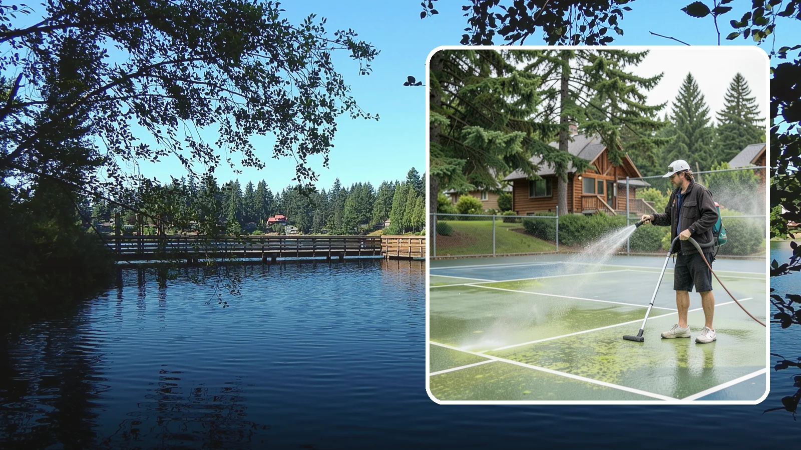 Tennis Court Cleaning in Federal Way, King County, WA - We clean tennis court surfaces to remove the algae film and organic staining that slow play and hide the lines in our damp...