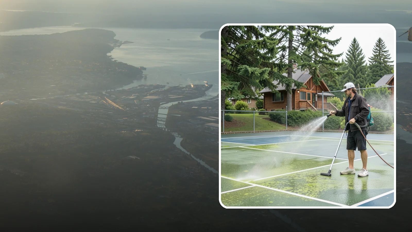Tennis Court Cleaning in Fife, Pierce County, WA - We clean tennis court surfaces to remove the algae film and organic staining that slow play and hide the lines in our damp...
