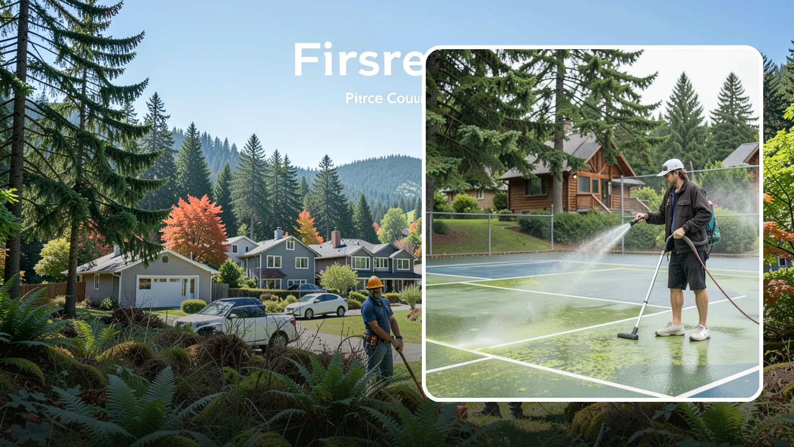 Tennis Court Cleaning in Fircrest, Pierce County, WA - We clean tennis court surfaces to remove the algae film and organic staining that slow play and hide the lines in our damp...