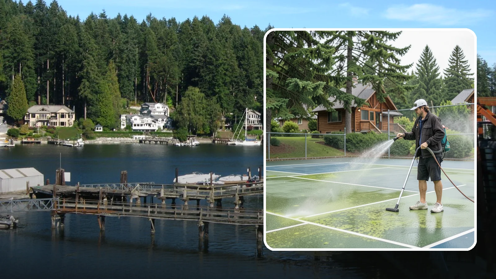 Tennis Court Cleaning in Gig Harbor, Pierce County, WA - We clean tennis court surfaces to remove the algae film and organic staining that slow play and hide the lines in our damp...