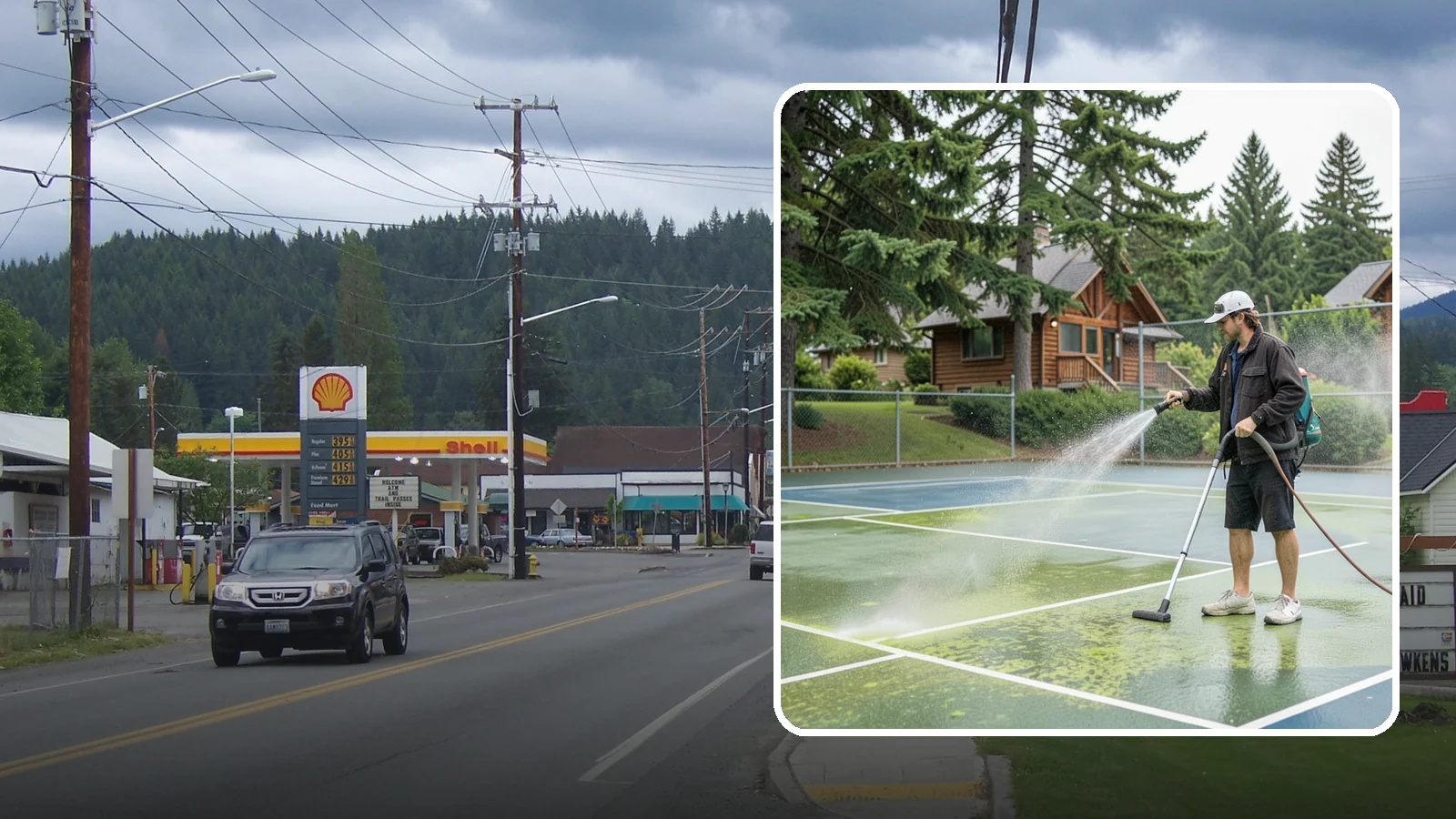 Tennis Court Cleaning in Granite Falls, Snohomish County, WA - We clean tennis court surfaces to remove the algae film and organic staining that slow play and hide the lines in our damp...