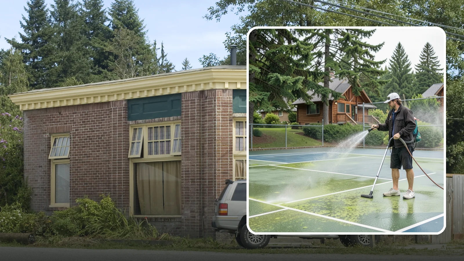 Tennis Court Cleaning in Hamilton, Skagit County, WA - We clean tennis court surfaces to remove the algae film and organic staining that slow play and hide the lines in our damp...
