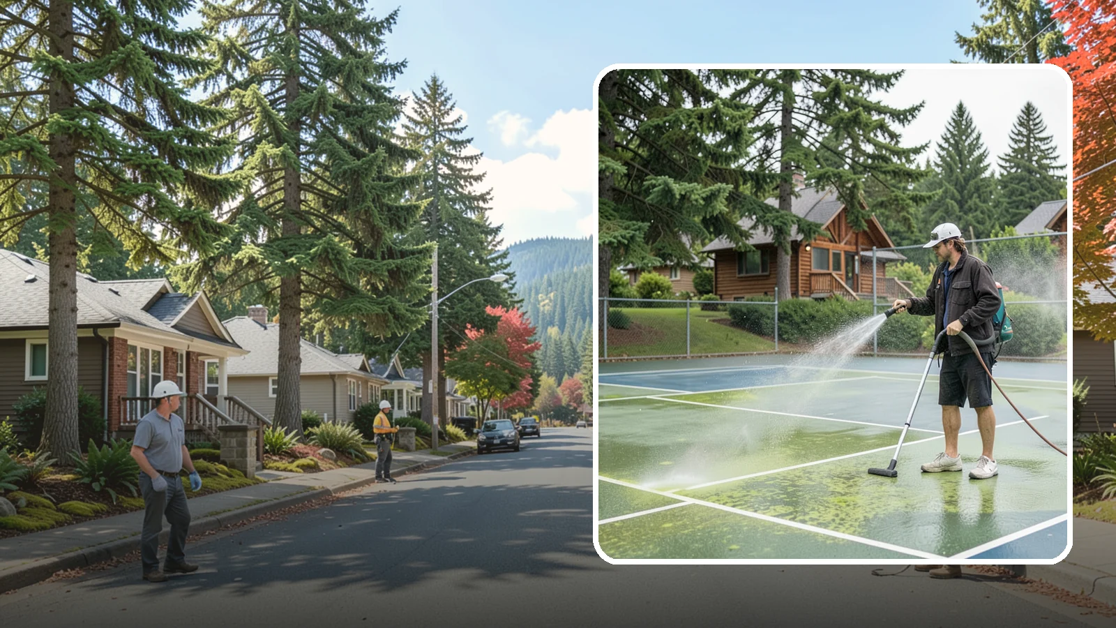 Tennis Court Cleaning in Hunts Point, King County, WA - We clean tennis court surfaces to remove the algae film and organic staining that slow play and hide the lines in our damp...
