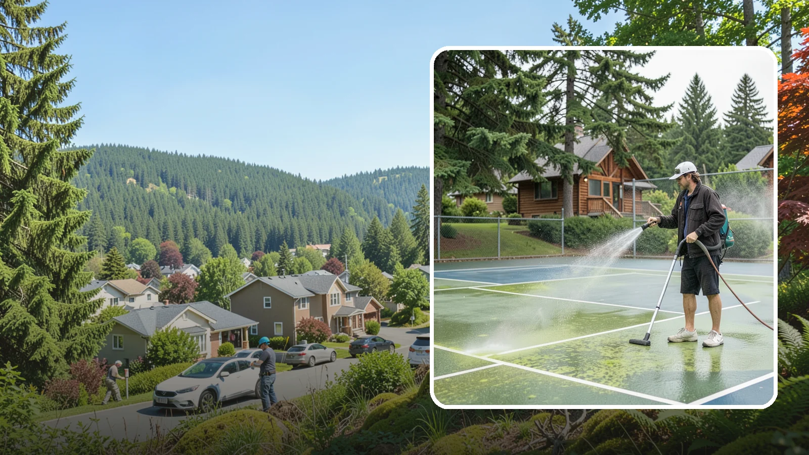 Tennis Court Cleaning in Index, Snohomish County, WA - We clean tennis court surfaces to remove the algae film and organic staining that slow play and hide the lines in our damp...
