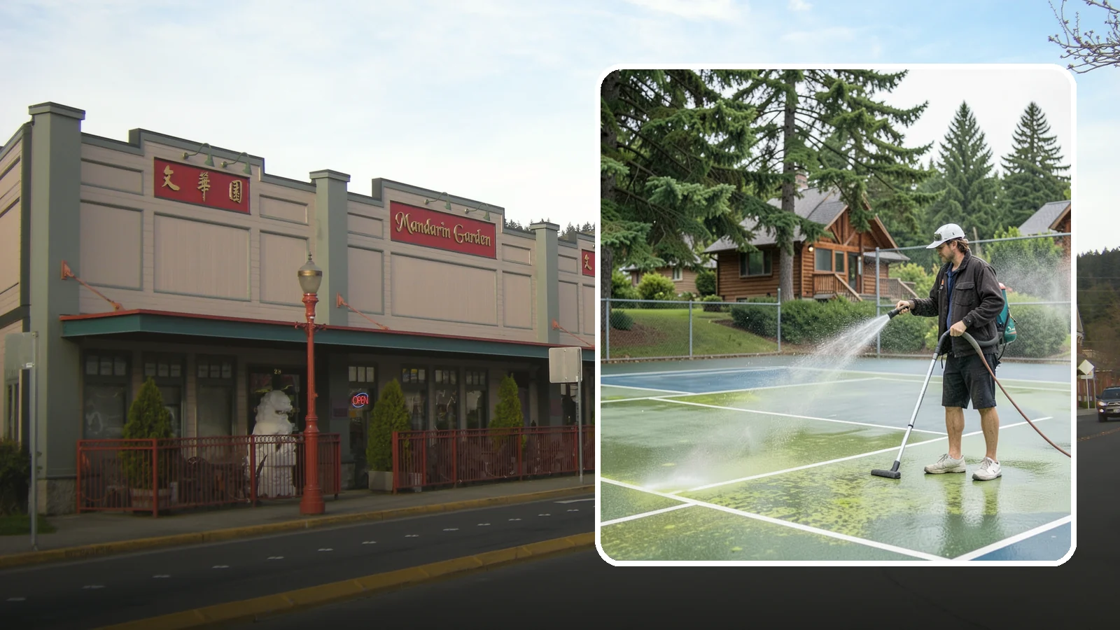 Tennis Court Cleaning in Issaquah, King County, WA - We clean tennis court surfaces to remove the algae film and organic staining that slow play and hide the lines in our damp...