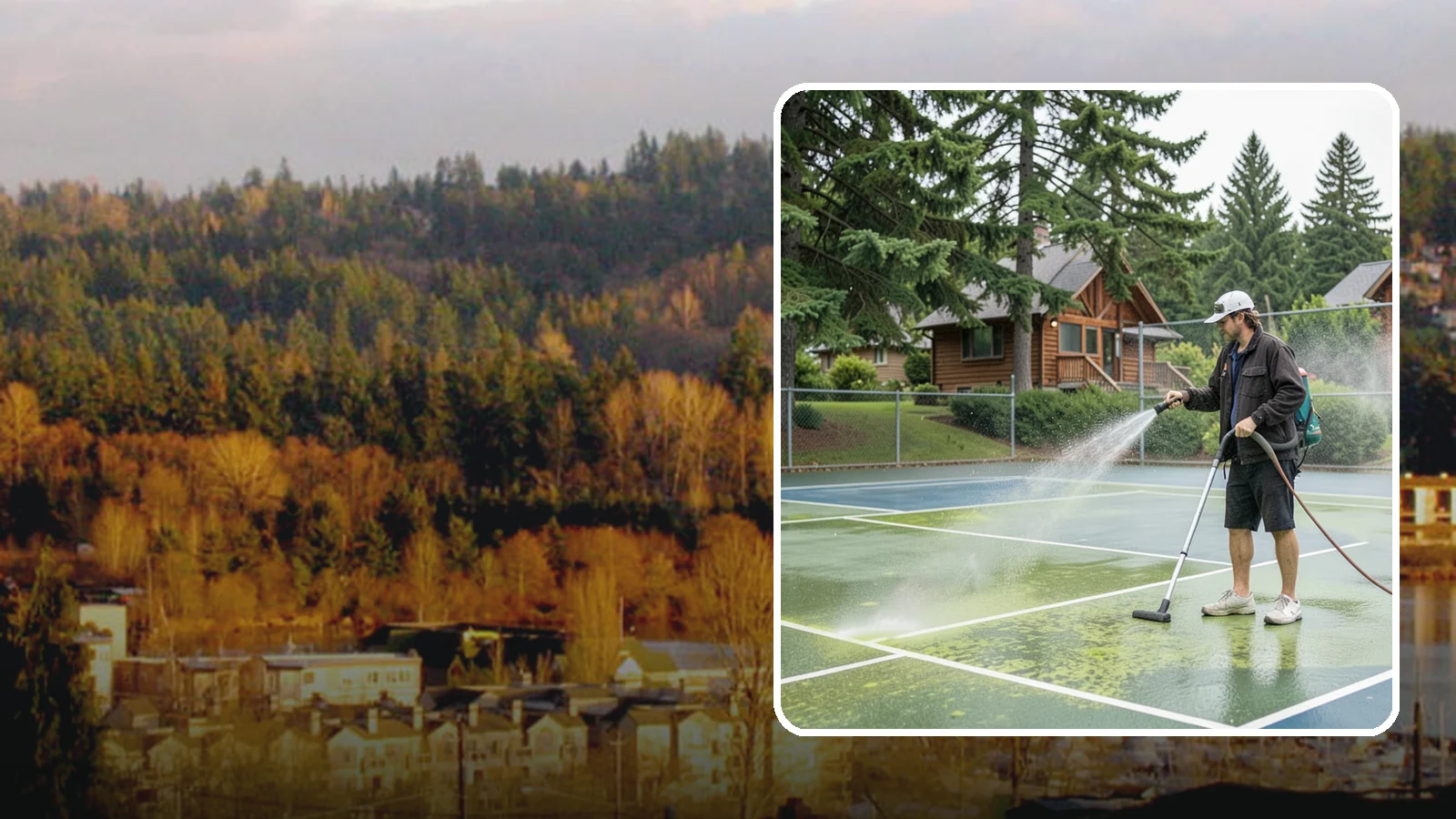 Tennis Court Cleaning in Kenmore, King County, WA - We clean tennis court surfaces to remove the algae film and organic staining that slow play and hide the lines in our damp...