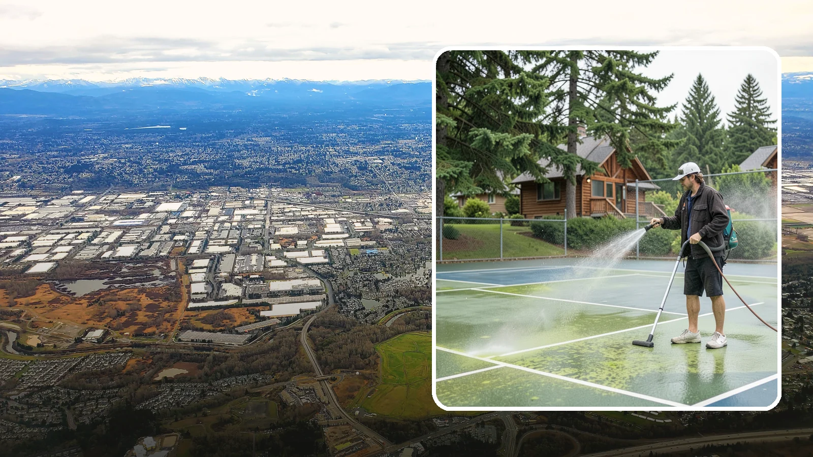 Tennis Court Cleaning in Kent, King County, WA - We clean tennis court surfaces to remove the algae film and organic staining that slow play and hide the lines in our damp...