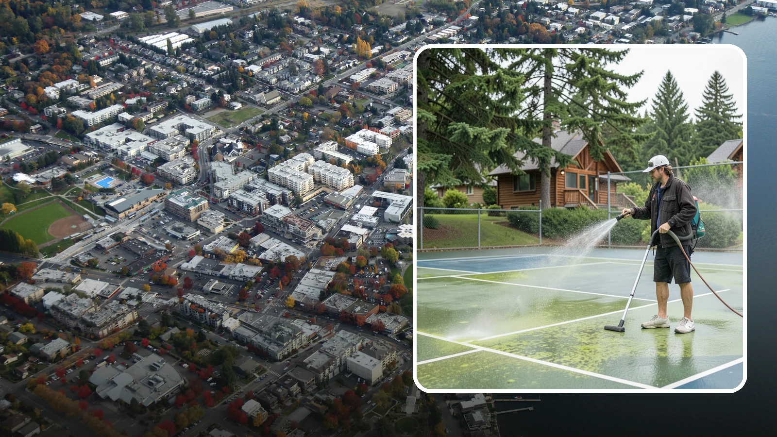 Tennis Court Cleaning in Kirkland, King County, WA - We clean tennis court surfaces to remove the algae film and organic staining that slow play and hide the lines in our damp...