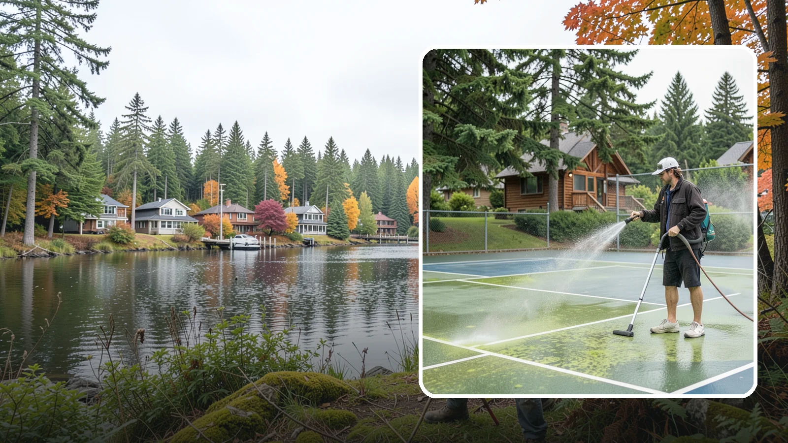 Tennis Court Cleaning in La Conner, Skagit County, WA - We clean tennis court surfaces to remove the algae film and organic staining that slow play and hide the lines in our damp...
