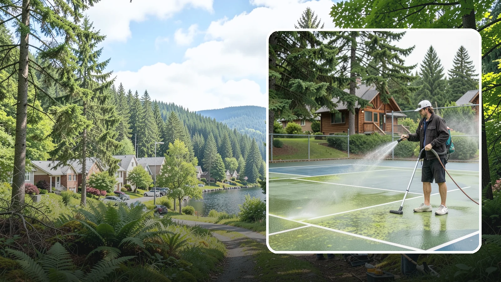 Tennis Court Cleaning in Lake Forest Park, King County, WA - We clean tennis court surfaces to remove the algae film and organic staining that slow play and hide the lines in our damp...