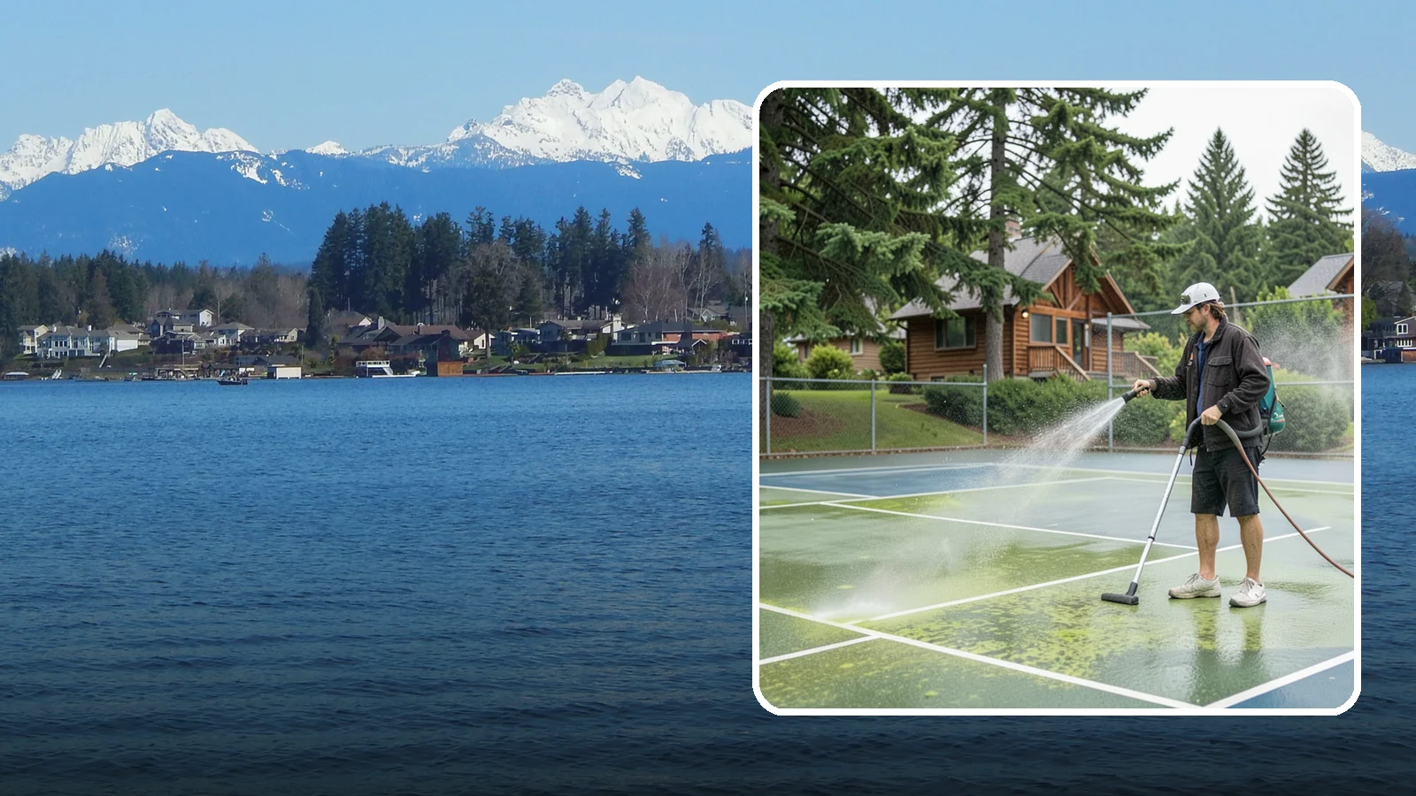 Tennis Court Cleaning in Lake Stevens, Snohomish County, WA - We clean tennis court surfaces to remove the algae film and organic staining that slow play and hide the lines in our damp...