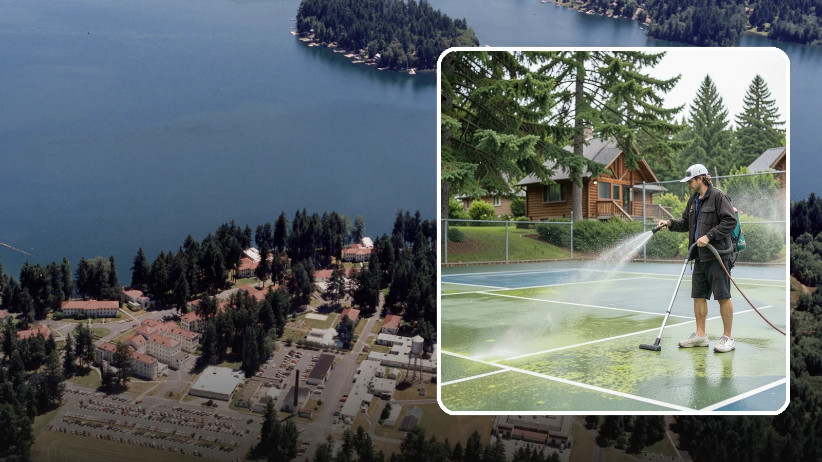 Tennis Court Cleaning in Lakewood, Pierce County, WA - We clean tennis court surfaces to remove the algae film and organic staining that slow play and hide the lines in our damp...