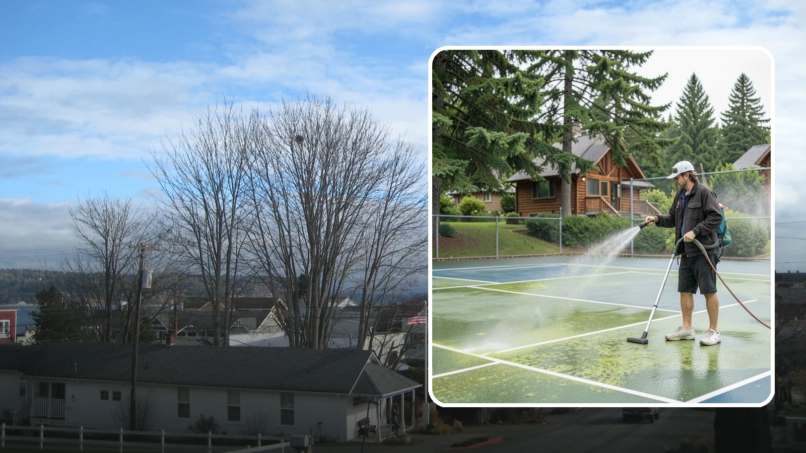 Tennis Court Cleaning in Langley, Island County, WA - We clean tennis court surfaces to remove the algae film and organic staining that slow play and hide the lines in our damp...