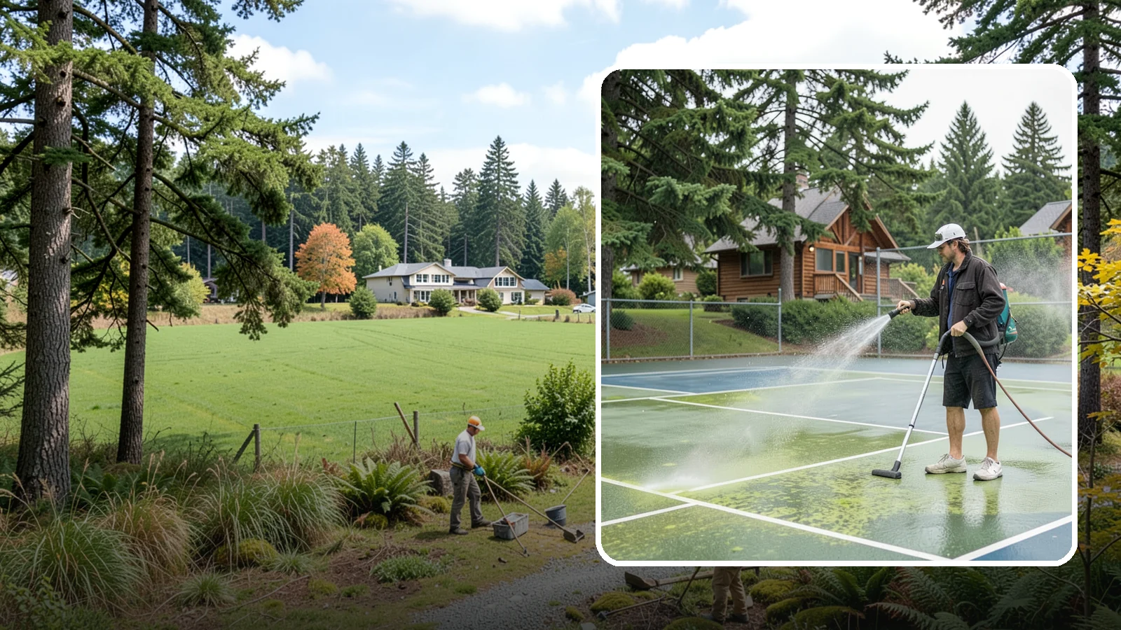 Tennis Court Cleaning in Lyman, Skagit County, WA - We clean tennis court surfaces to remove the algae film and organic staining that slow play and hide the lines in our damp...