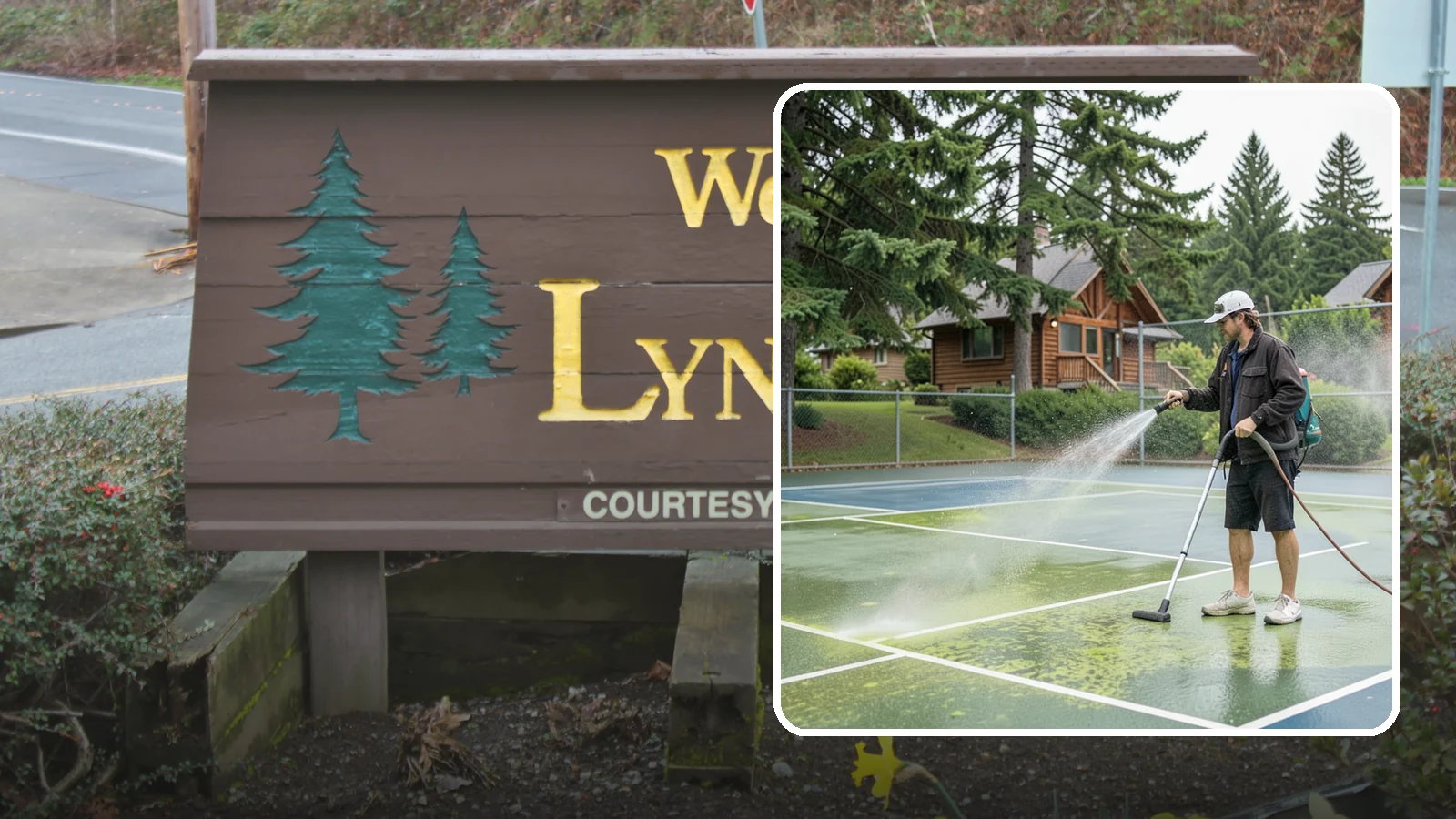 Tennis Court Cleaning in Lynnwood, Snohomish County, WA - We clean tennis court surfaces to remove the algae film and organic staining that slow play and hide the lines in our damp...