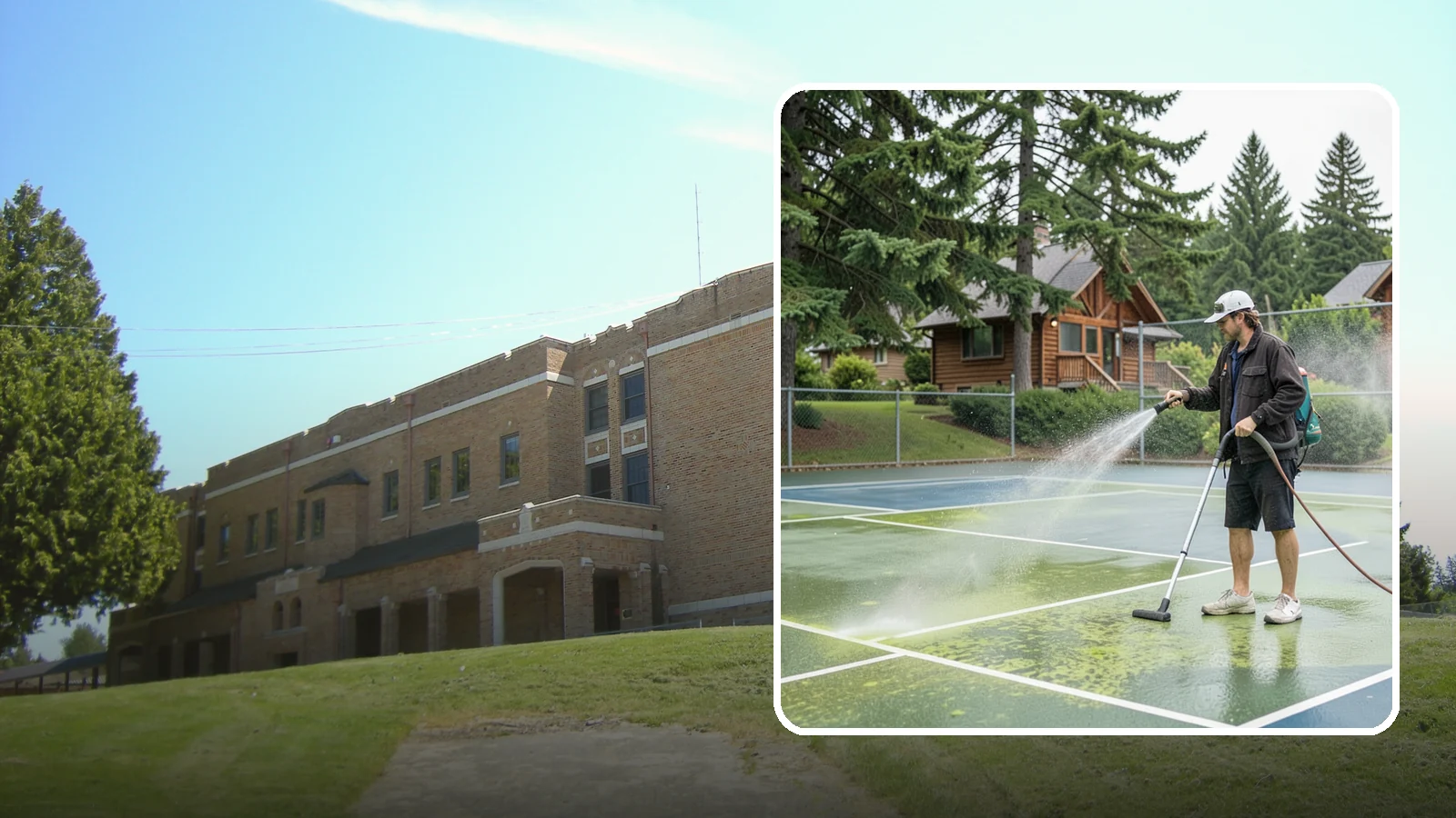 Tennis Court Cleaning in Maple Valley, King County, WA - We clean tennis court surfaces to remove the algae film and organic staining that slow play and hide the lines in our damp...