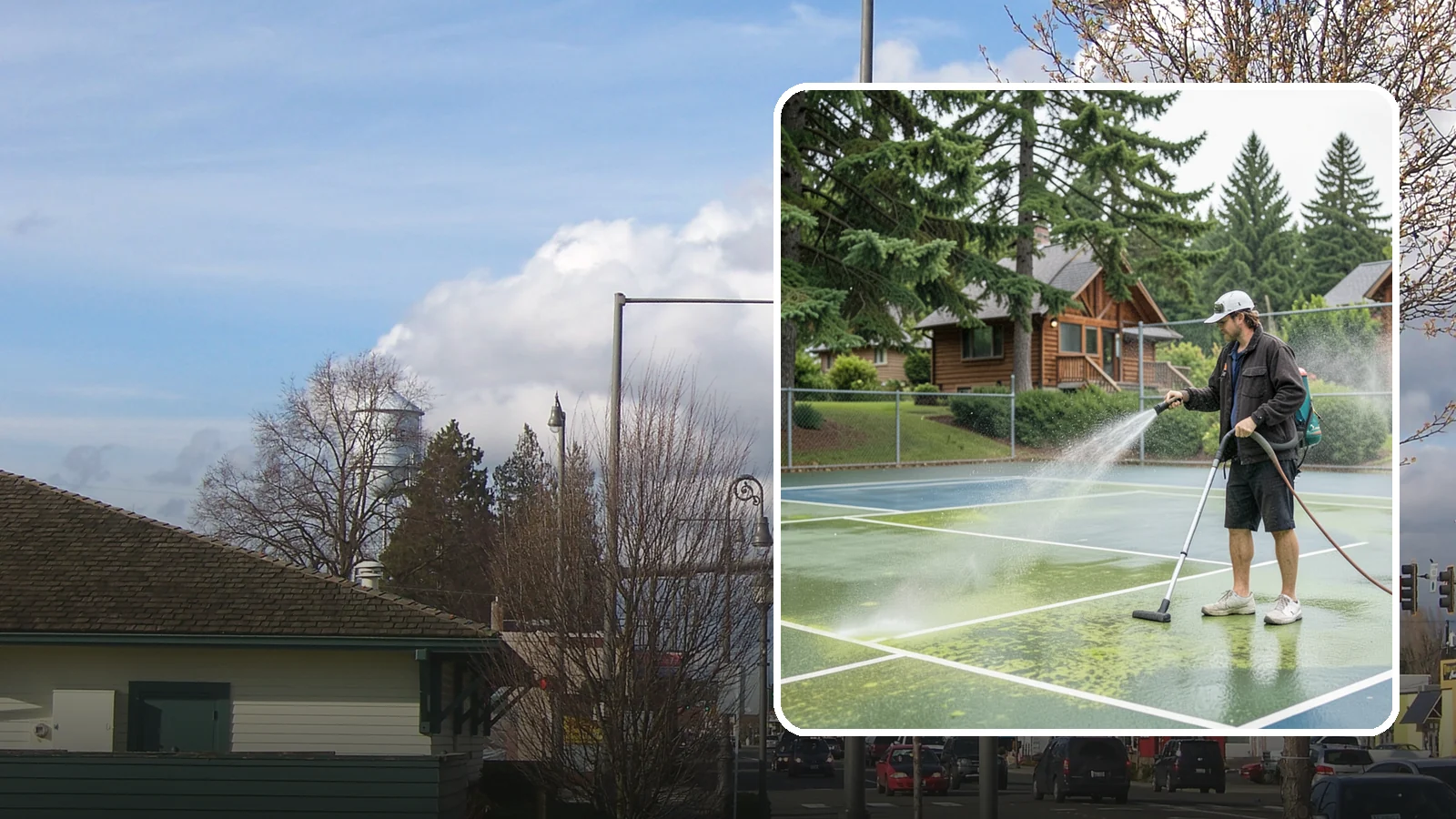 Tennis Court Cleaning in Marysville, Snohomish County, WA - We clean tennis court surfaces to remove the algae film and organic staining that slow play and hide the lines in our damp...
