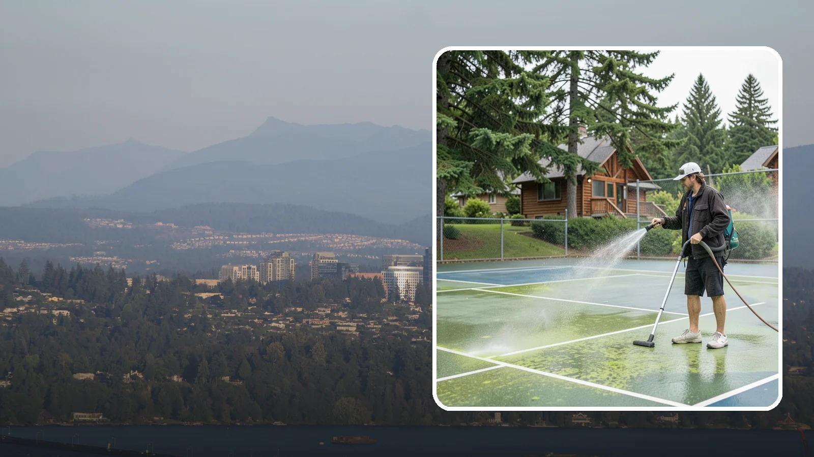Tennis Court Cleaning in Medina, King County, WA - We clean tennis court surfaces to remove the algae film and organic staining that slow play and hide the lines in our damp...
