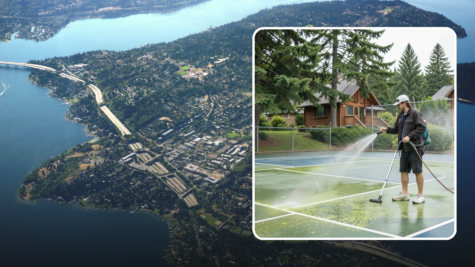 Tennis Court Cleaning in Mercer Island, King County, WA - We clean tennis court surfaces to remove the algae film and organic staining that slow play and hide the lines in our damp...