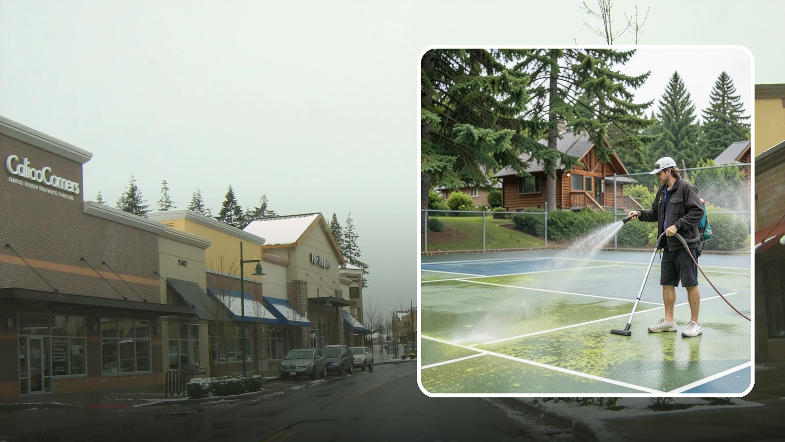 Tennis Court Cleaning in Mill Creek, Snohomish County, WA - We clean tennis court surfaces to remove the algae film and organic staining that slow play and hide the lines in our damp...