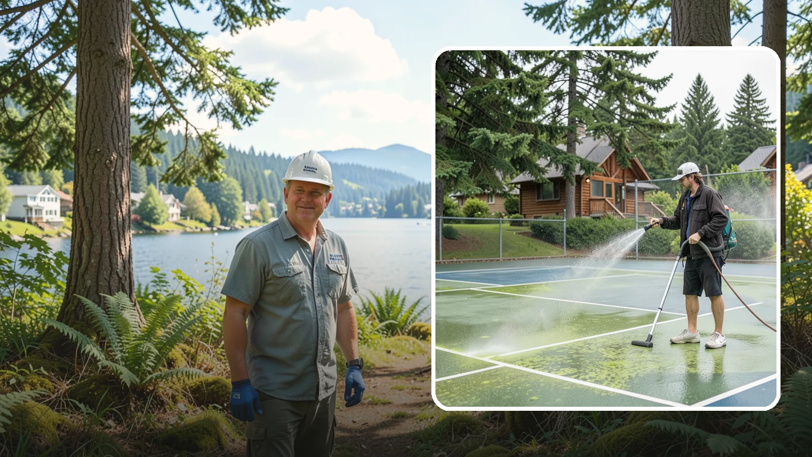 Tennis Court Cleaning in Milton, King County, WA - We clean tennis court surfaces to remove the algae film and organic staining that slow play and hide the lines in our damp...