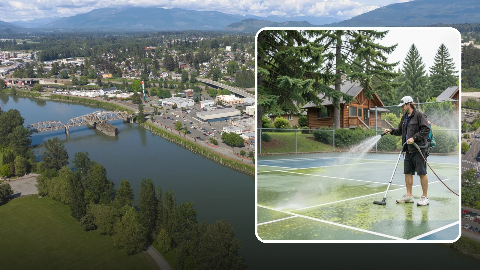 Tennis Court Cleaning in Mount Vernon, Skagit County, WA - We clean tennis court surfaces to remove the algae film and organic staining that slow play and hide the lines in our damp...