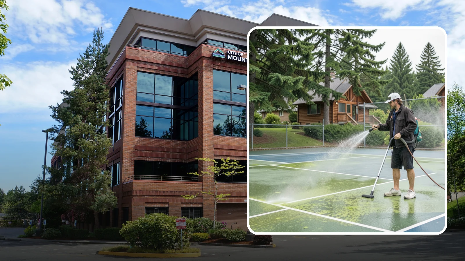 Tennis Court Cleaning in Mountlake Terrace, Snohomish County, WA - We clean tennis court surfaces to remove the algae film and organic staining that slow play and hide the lines in our damp...