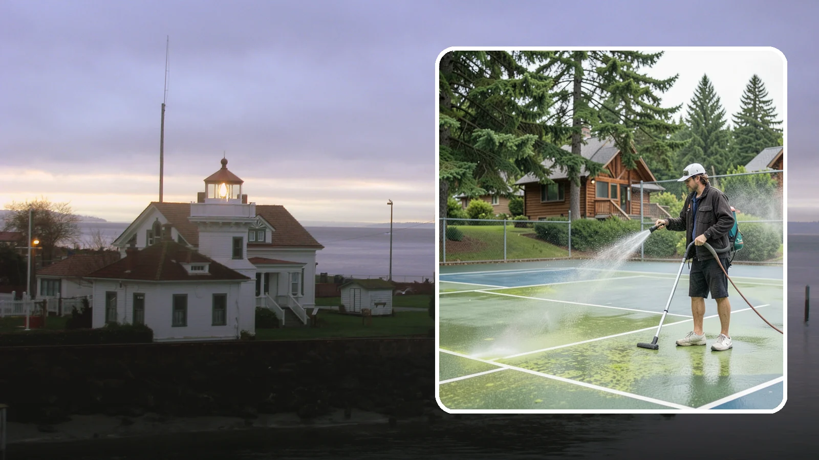 Tennis Court Cleaning in Mukilteo, Snohomish County, WA - We clean tennis court surfaces to remove the algae film and organic staining that slow play and hide the lines in our damp...