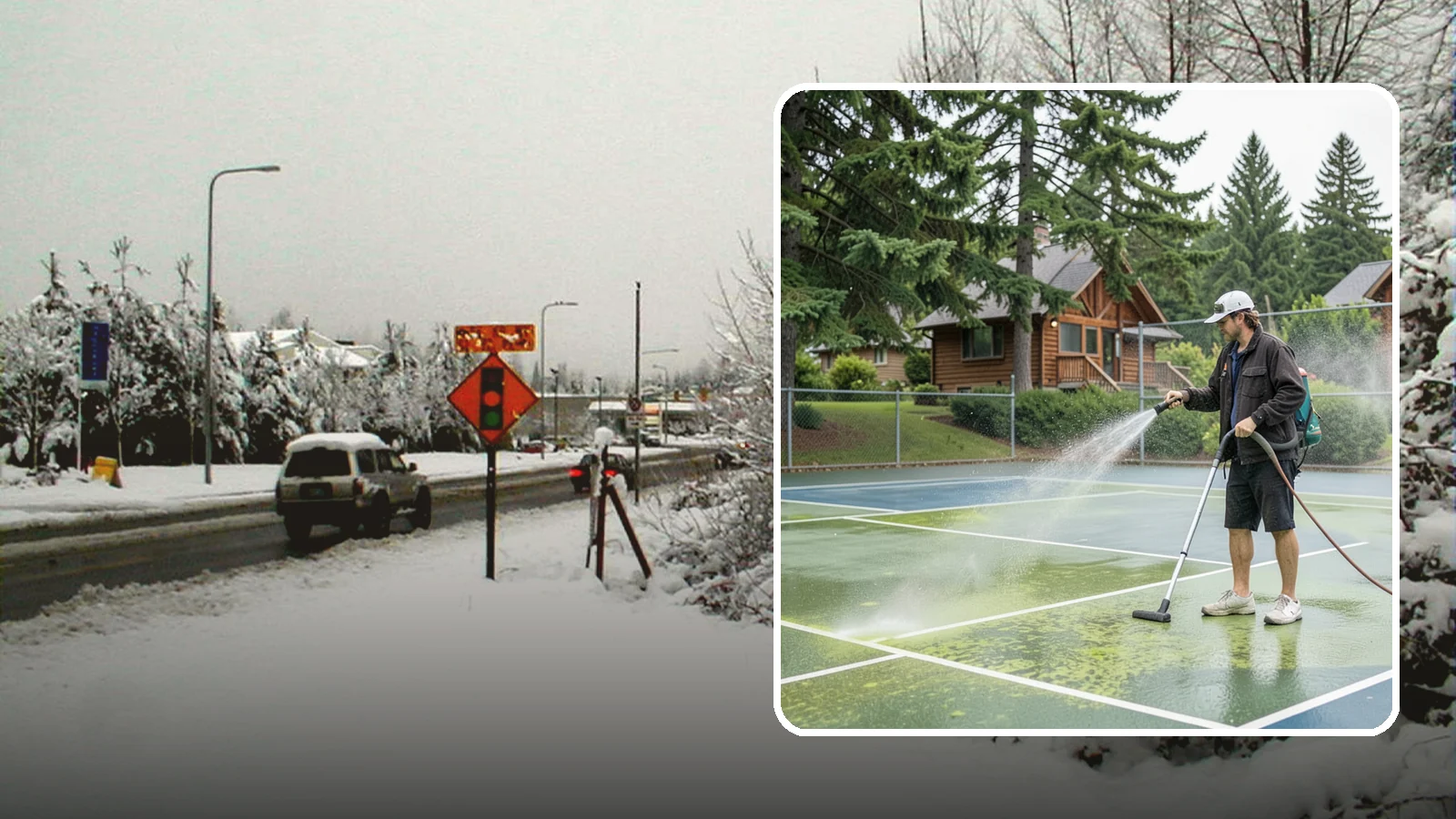 Tennis Court Cleaning in Newcastle, King County, WA - We clean tennis court surfaces to remove the algae film and organic staining that slow play and hide the lines in our damp...