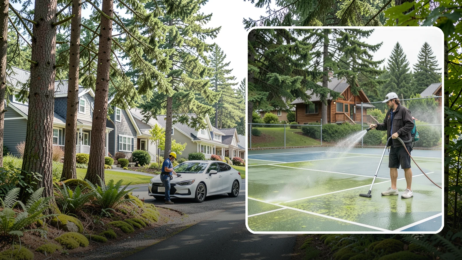 Tennis Court Cleaning in Normandy Park, King County, WA - We clean tennis court surfaces to remove the algae film and organic staining that slow play and hide the lines in our damp...