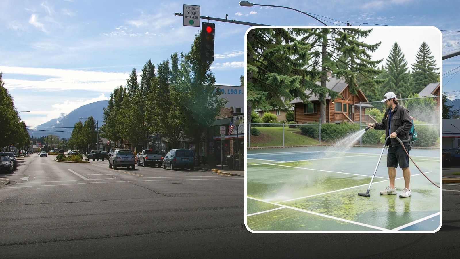 Tennis Court Cleaning in North Bend, King County, WA - We clean tennis court surfaces to remove the algae film and organic staining that slow play and hide the lines in our damp...