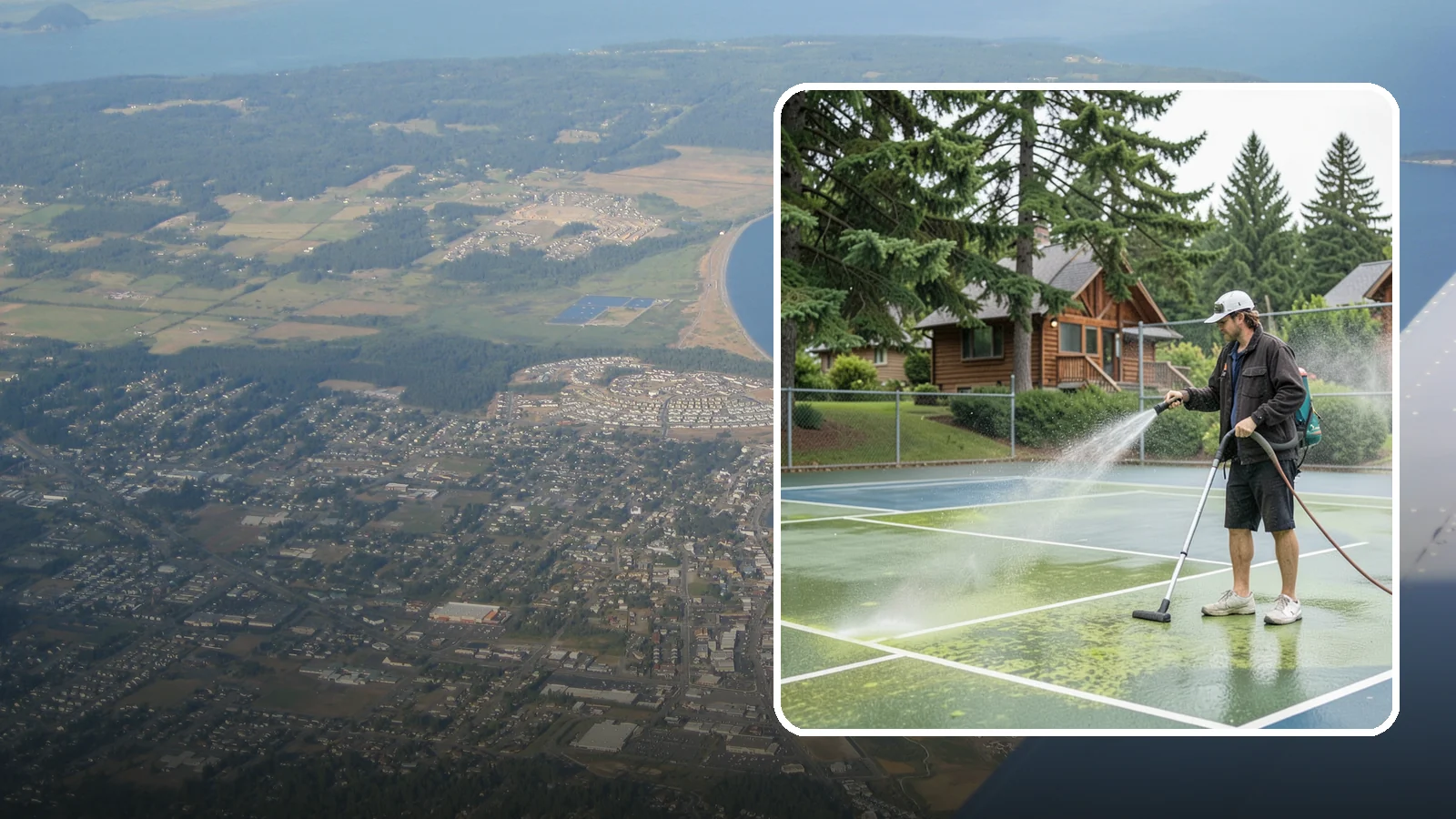 Tennis Court Cleaning in Oak Harbor, Island County, WA - We clean tennis court surfaces to remove the algae film and organic staining that slow play and hide the lines in our damp...