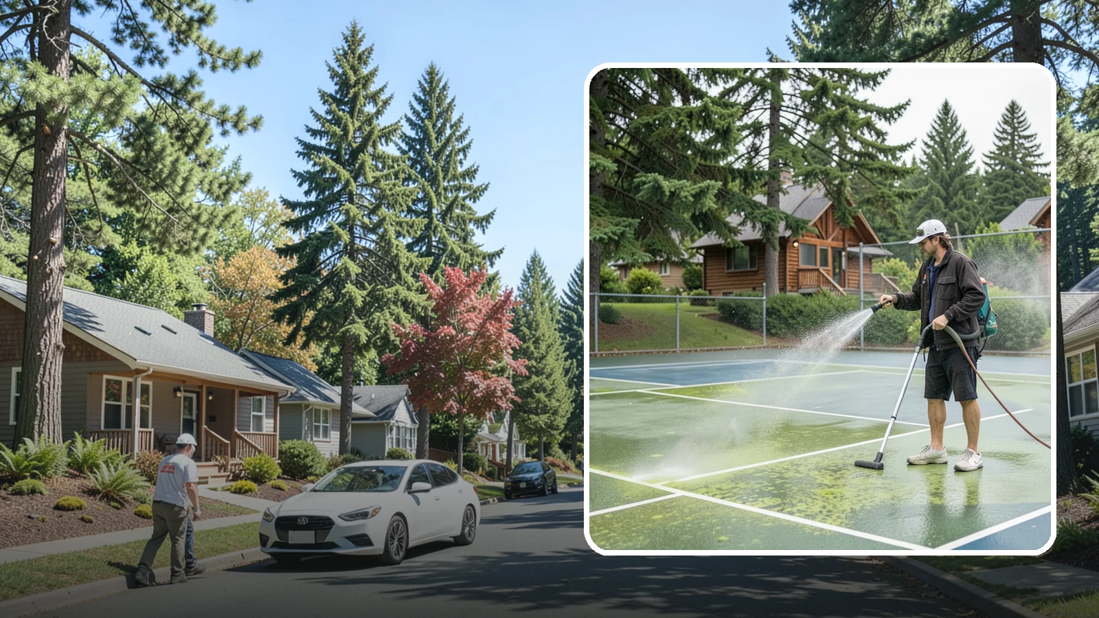 Tennis Court Cleaning in Orting, Pierce County, WA - We clean tennis court surfaces to remove the algae film and organic staining that slow play and hide the lines in our damp...