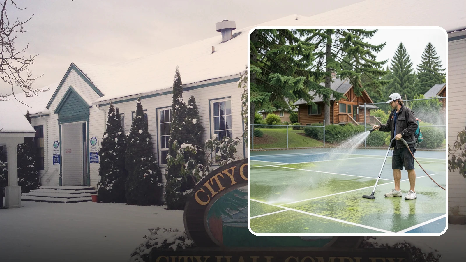 Tennis Court Cleaning in Pacific, King County, WA - We clean tennis court surfaces to remove the algae film and organic staining that slow play and hide the lines in our damp...