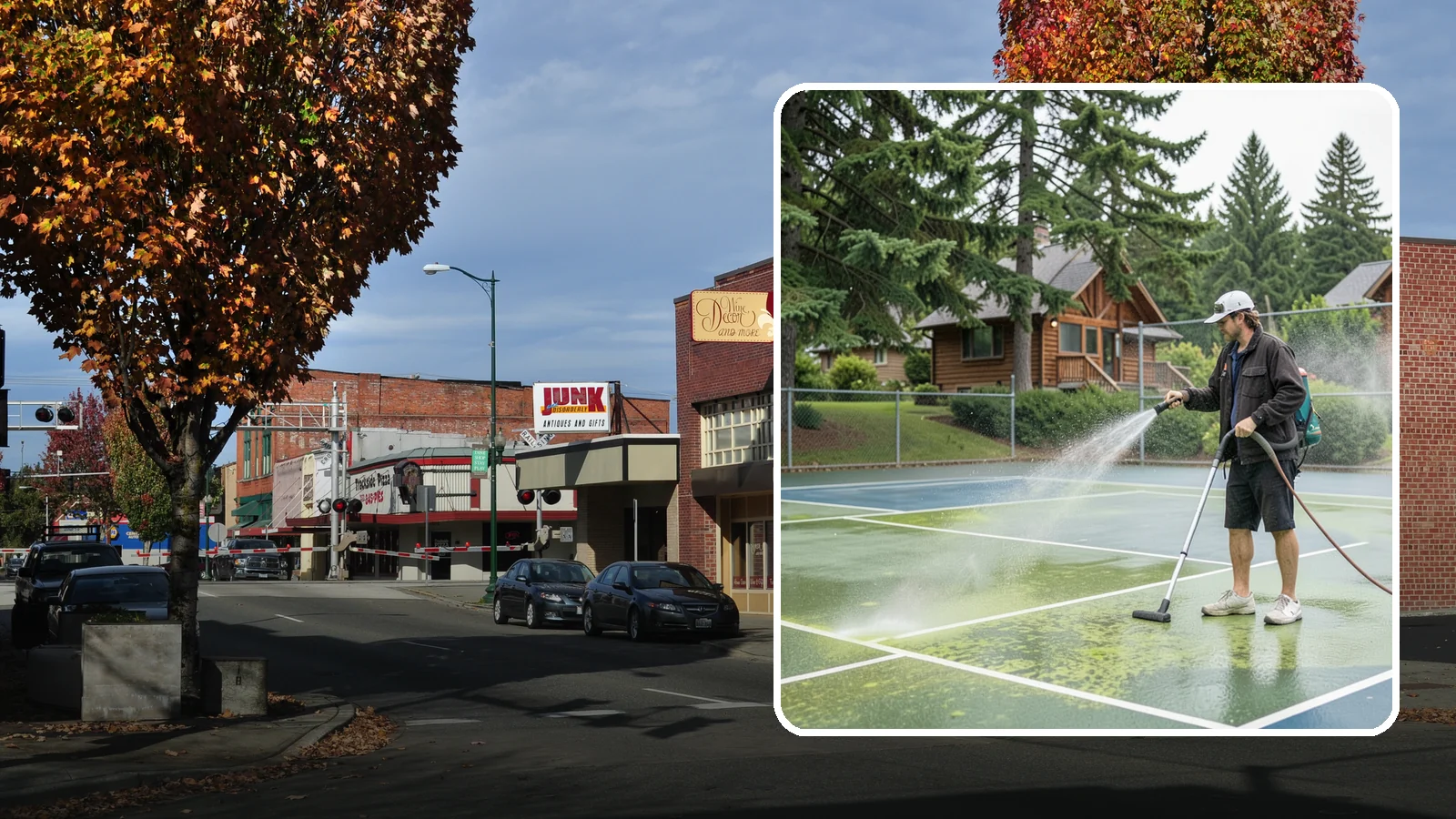 Tennis Court Cleaning in Puyallup, Pierce County, WA - We clean tennis court surfaces to remove the algae film and organic staining that slow play and hide the lines in our damp...