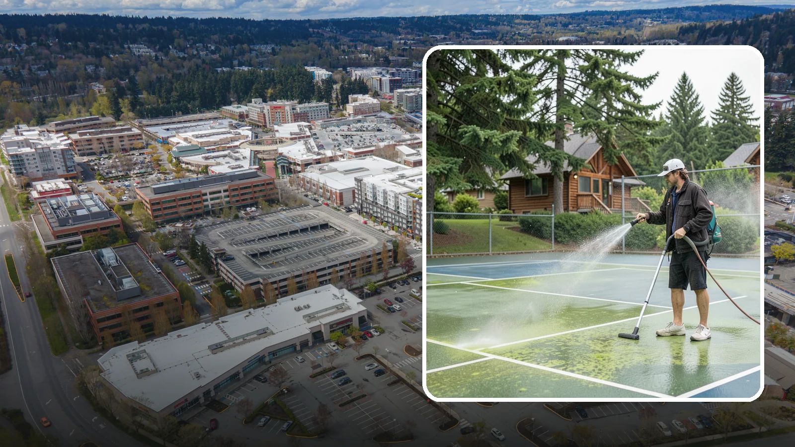 Tennis Court Cleaning in Redmond, King County, WA - We clean tennis court surfaces to remove the algae film and organic staining that slow play and hide the lines in our damp...