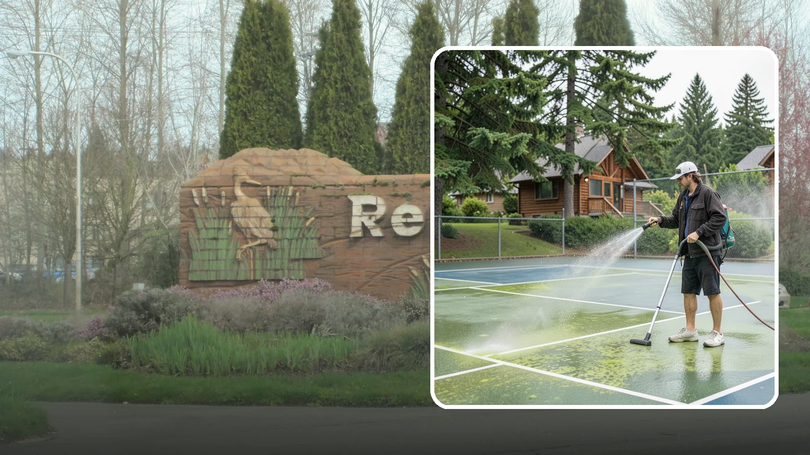 Tennis Court Cleaning in Renton, King County, WA - We clean tennis court surfaces to remove the algae film and organic staining that slow play and hide the lines in our damp...