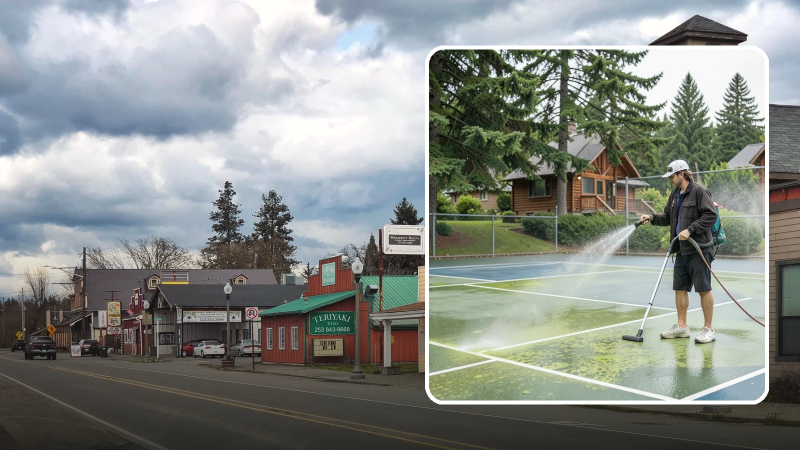 Tennis Court Cleaning in Roy, Pierce County, WA - We clean tennis court surfaces to remove the algae film and organic staining that slow play and hide the lines in our damp...