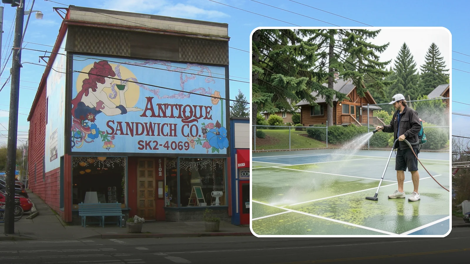 Tennis Court Cleaning in Ruston, Pierce County, WA - We clean tennis court surfaces to remove the algae film and organic staining that slow play and hide the lines in our damp...