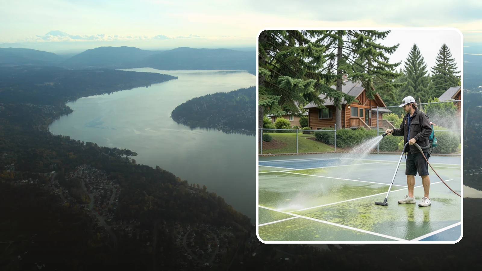 Tennis Court Cleaning in Sammamish, King County, WA - We clean tennis court surfaces to remove the algae film and organic staining that slow play and hide the lines in our damp...