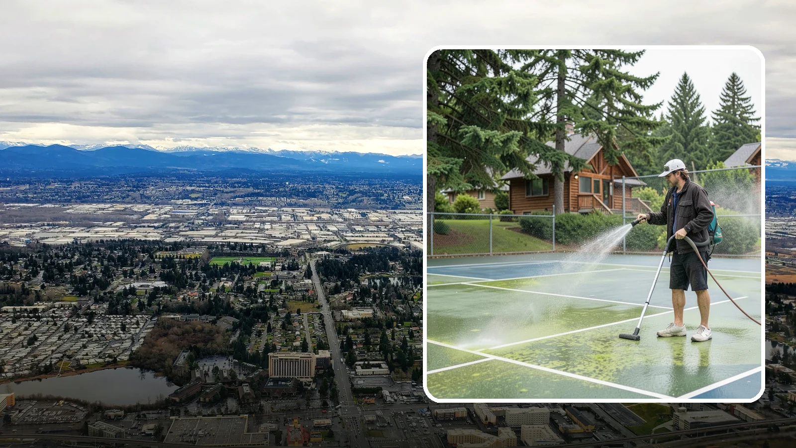 Tennis Court Cleaning in SeaTac, King County, WA - We clean tennis court surfaces to remove the algae film and organic staining that slow play and hide the lines in our damp...