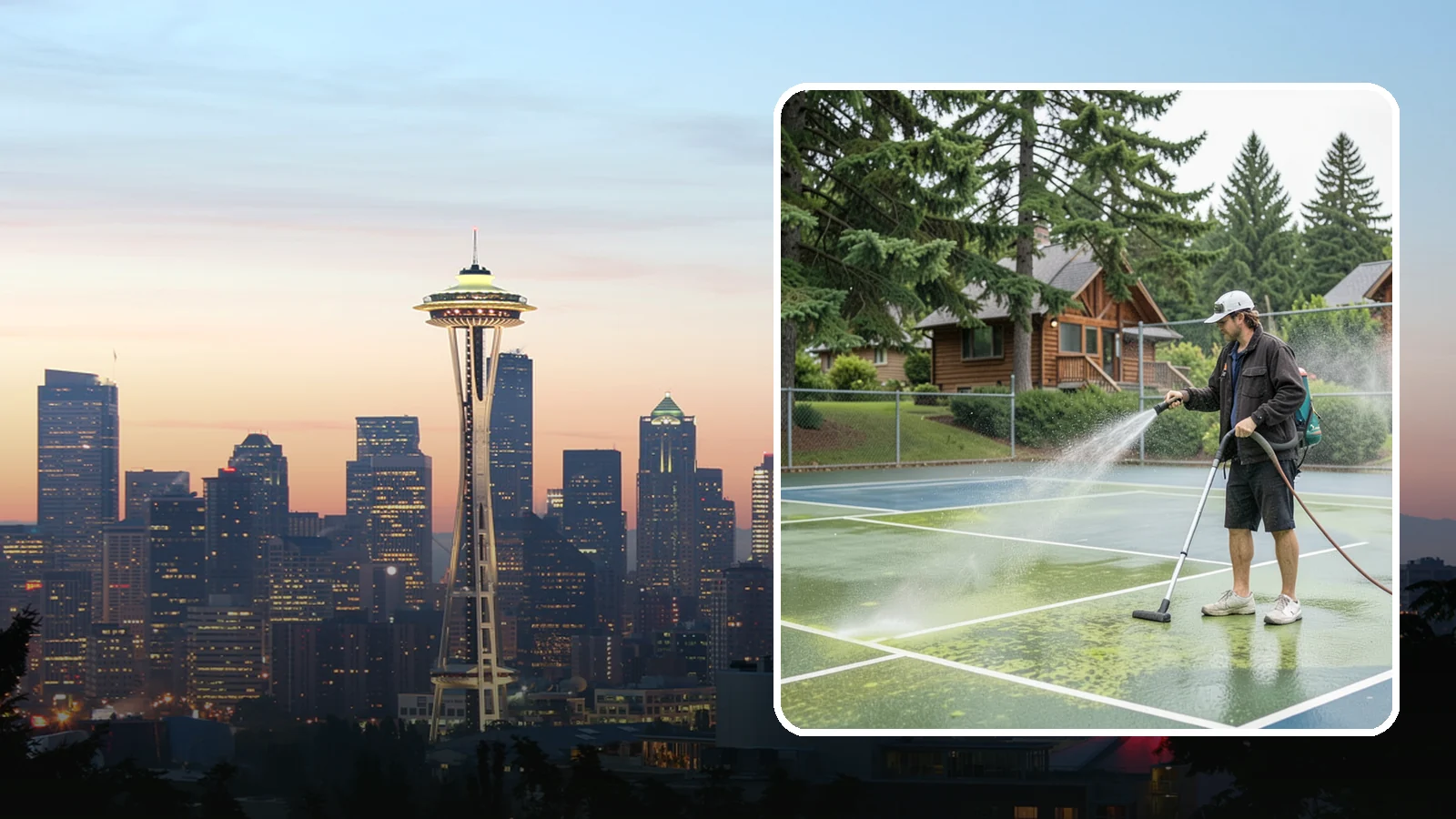Tennis Court Cleaning in Seattle, King County, WA - We clean tennis court surfaces to remove the algae film and organic staining that slow play and hide the lines in our damp...