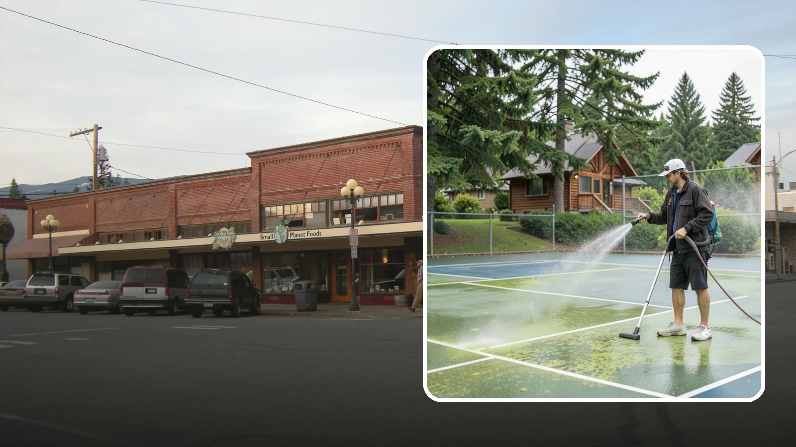 Tennis Court Cleaning in Sedro-Woolley, Skagit County, WA - We clean tennis court surfaces to remove the algae film and organic staining that slow play and hide the lines in our damp...