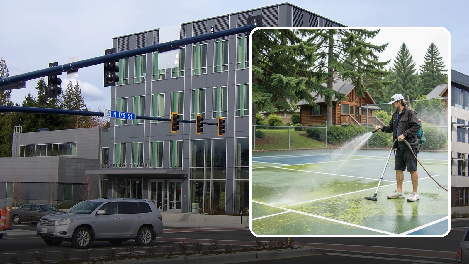 Tennis Court Cleaning in Shoreline, King County, WA - We clean tennis court surfaces to remove the algae film and organic staining that slow play and hide the lines in our damp...