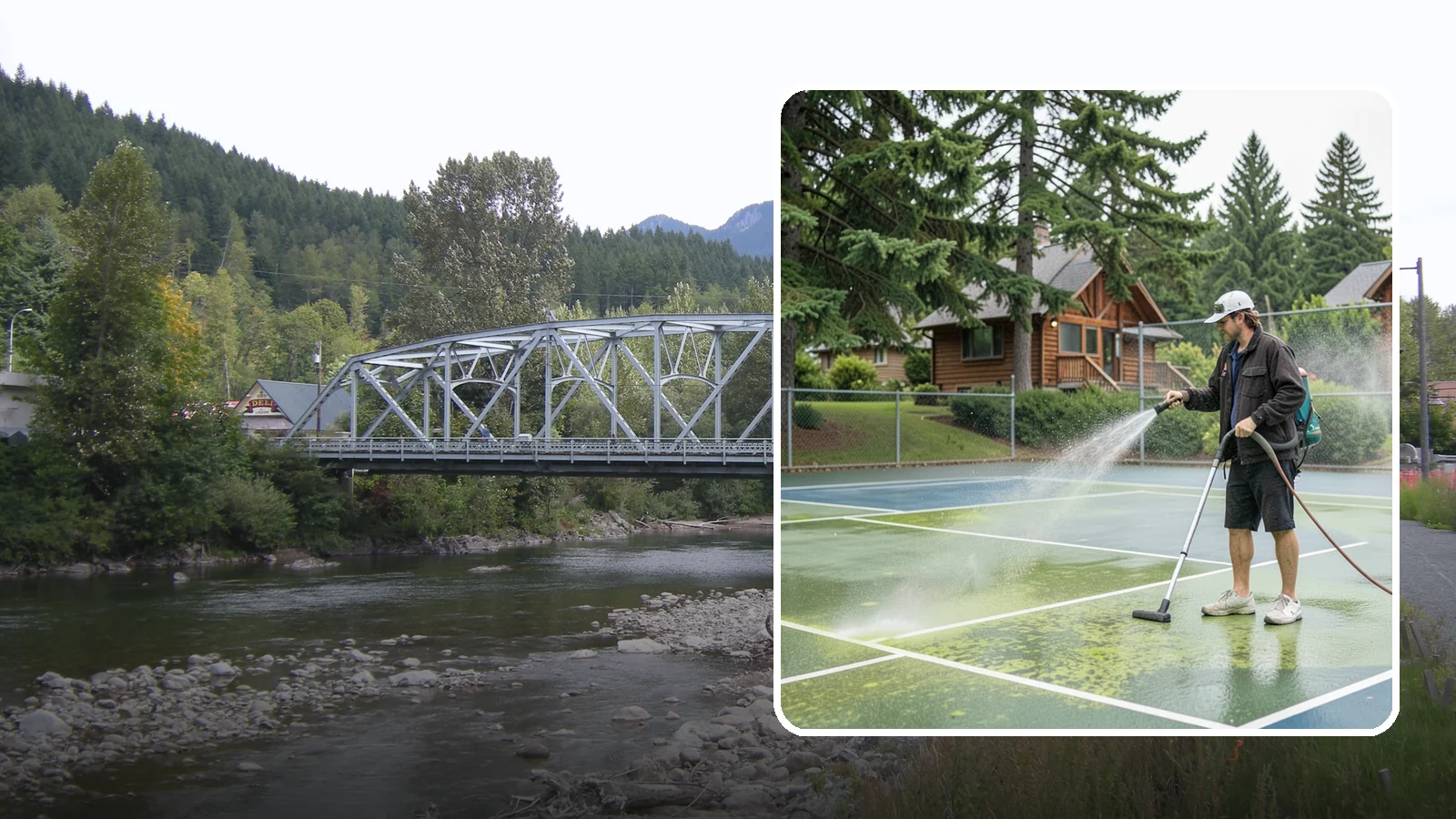 Tennis Court Cleaning in Skykomish, King County, WA - We clean tennis court surfaces to remove the algae film and organic staining that slow play and hide the lines in our damp...
