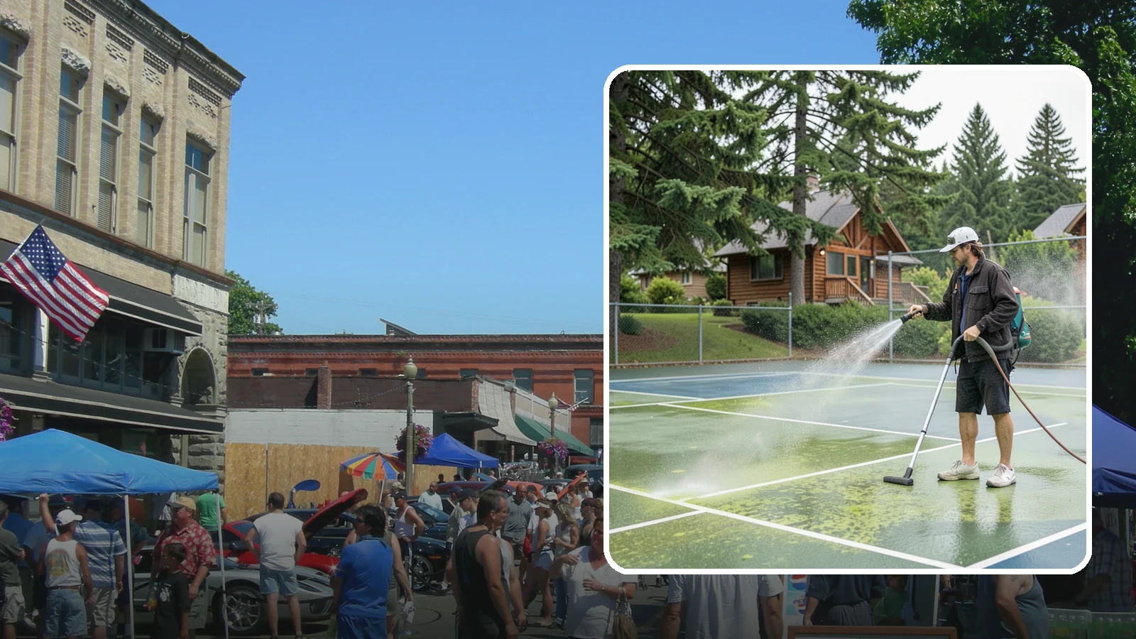 Tennis Court Cleaning in Snohomish, Snohomish County, WA - We clean tennis court surfaces to remove the algae film and organic staining that slow play and hide the lines in our damp...