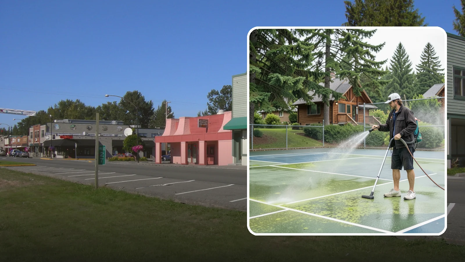 Tennis Court Cleaning in Snoqualmie, King County, WA - We clean tennis court surfaces to remove the algae film and organic staining that slow play and hide the lines in our damp...