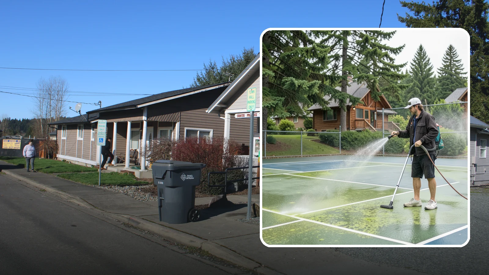 Tennis Court Cleaning in South Prairie, Pierce County, WA - We clean tennis court surfaces to remove the algae film and organic staining that slow play and hide the lines in our damp...