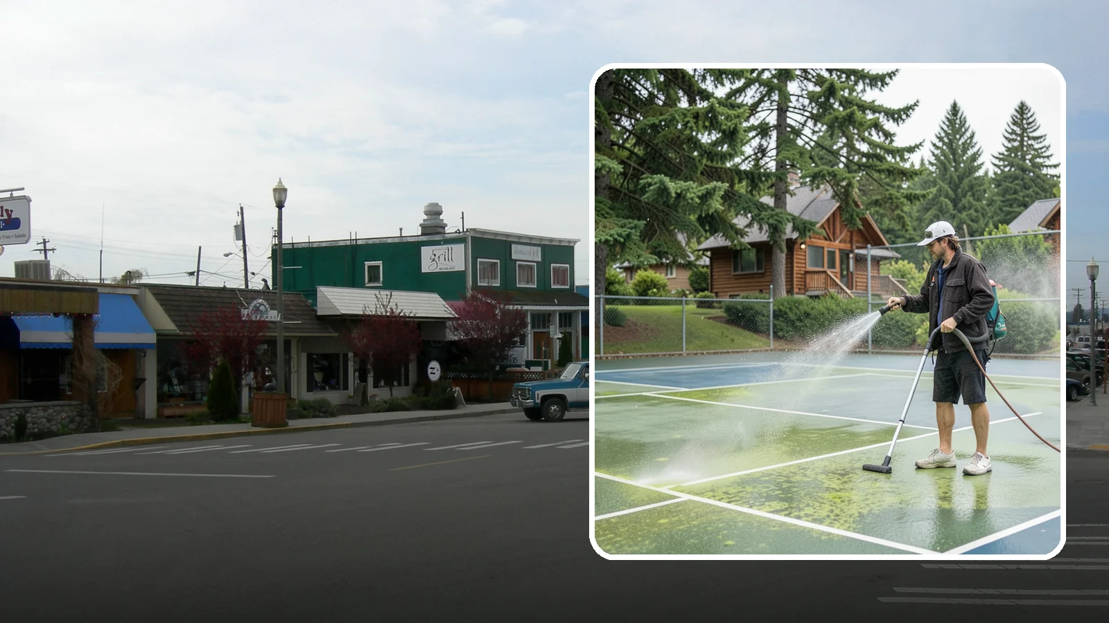 Tennis Court Cleaning in Stanwood, Snohomish County, WA - We clean tennis court surfaces to remove the algae film and organic staining that slow play and hide the lines in our damp...