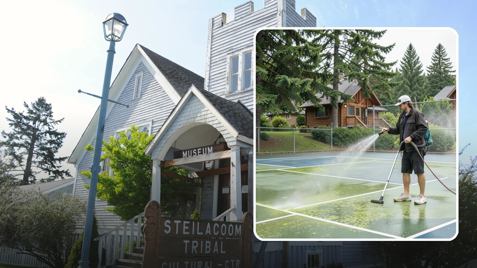 Tennis Court Cleaning in Steilacoom, Pierce County, WA - We clean tennis court surfaces to remove the algae film and organic staining that slow play and hide the lines in our damp...